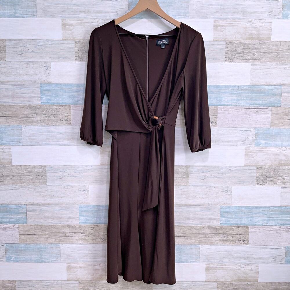 Adrianna Papell Jersey Wrap Dress Brown 3/4 Sleeve V Neck Stretch Womens 6